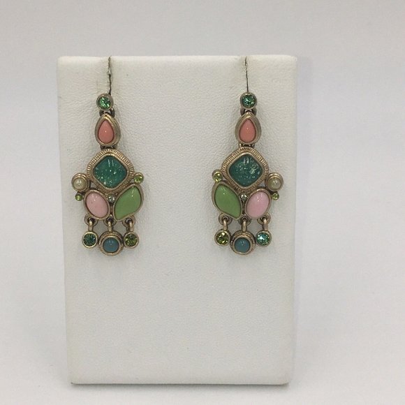 Silver Tone Dangle Pierced Post EARRINGS, Pink Green Glass Plastic Rhinestones - Picture 2 of 6